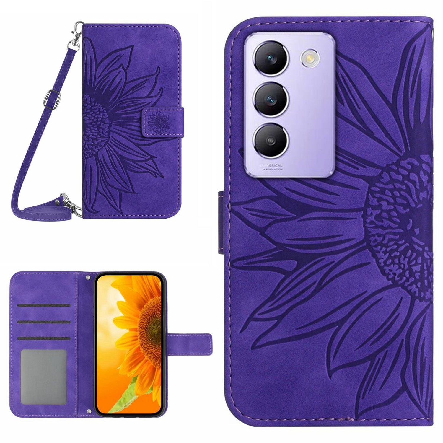 HT04 For vivo Y200e 5G / Y100 5G (Indonesia) / T3 5G (India) / V30 Lite 5G (India) Case Sunflower Pattern Wallet Crossbody Phone Cover