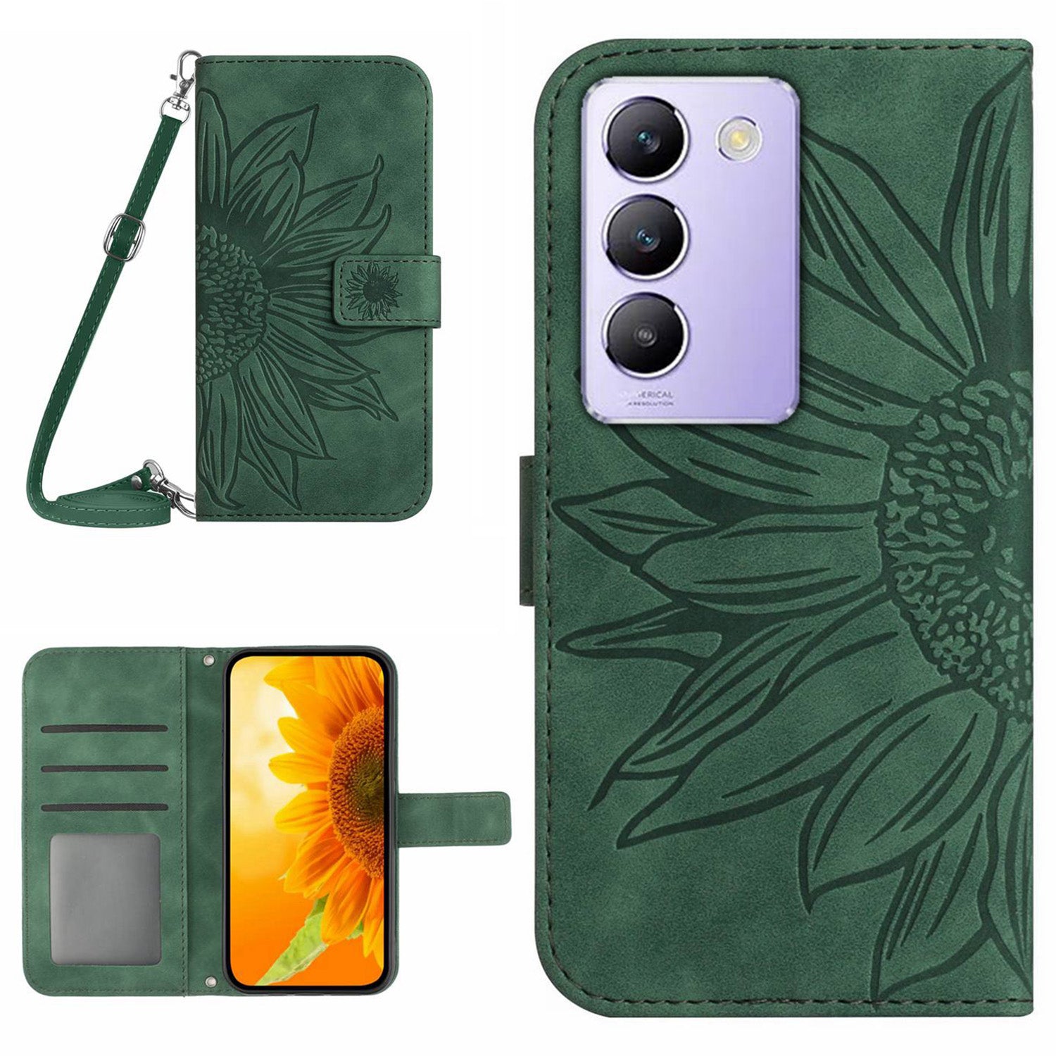 HT04 For vivo Y200e 5G / Y100 5G (Indonesia) / T3 5G (India) / V30 Lite 5G (India) Case Sunflower Pattern Wallet Crossbody Phone Cover