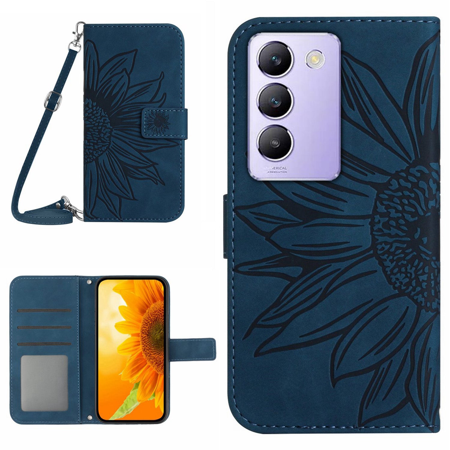 HT04 For vivo Y200e 5G / Y100 5G (Indonesia) / T3 5G (India) / V30 Lite 5G (India) Case Sunflower Pattern Wallet Crossbody Phone Cover