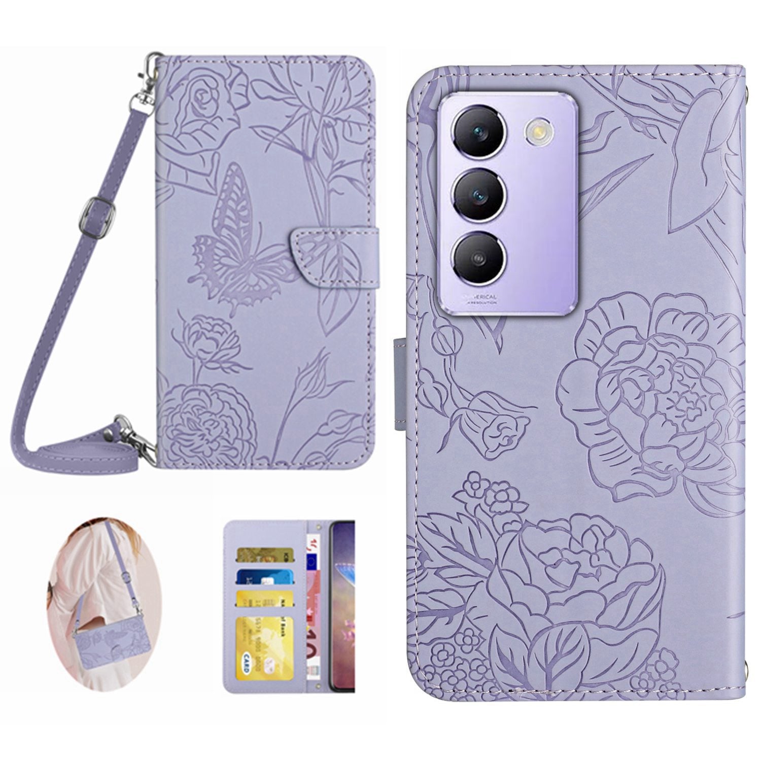 HT03 For vivo Y200e 5G / T3 5G (India) / Y100 5G (Indonesia) / V30 Lite 5G (India) Case Butterfly Leather Phone Cover with Strap