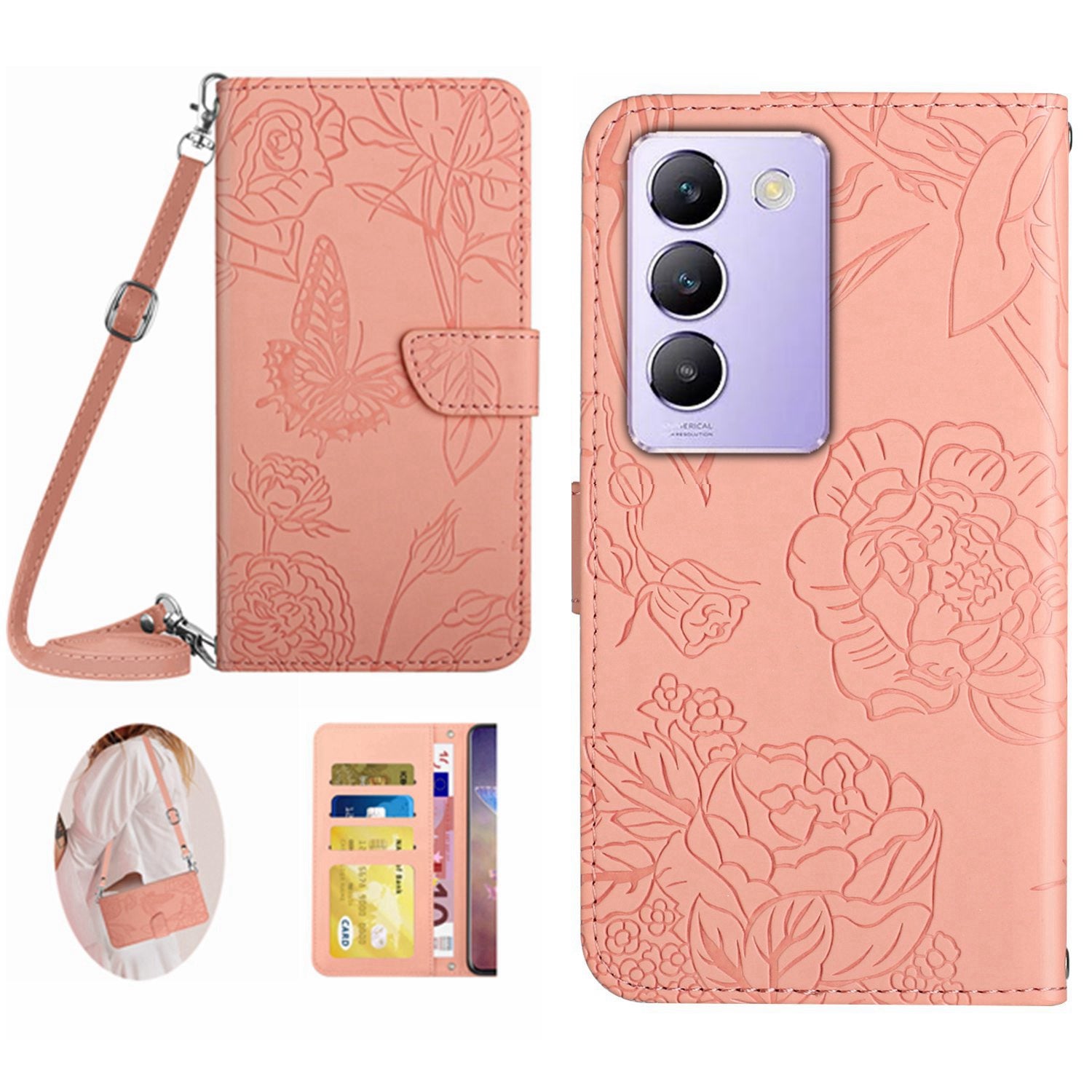 HT03 For vivo Y200e 5G / T3 5G (India) / Y100 5G (Indonesia) / V30 Lite 5G (India) Case Butterfly Leather Phone Cover with Strap