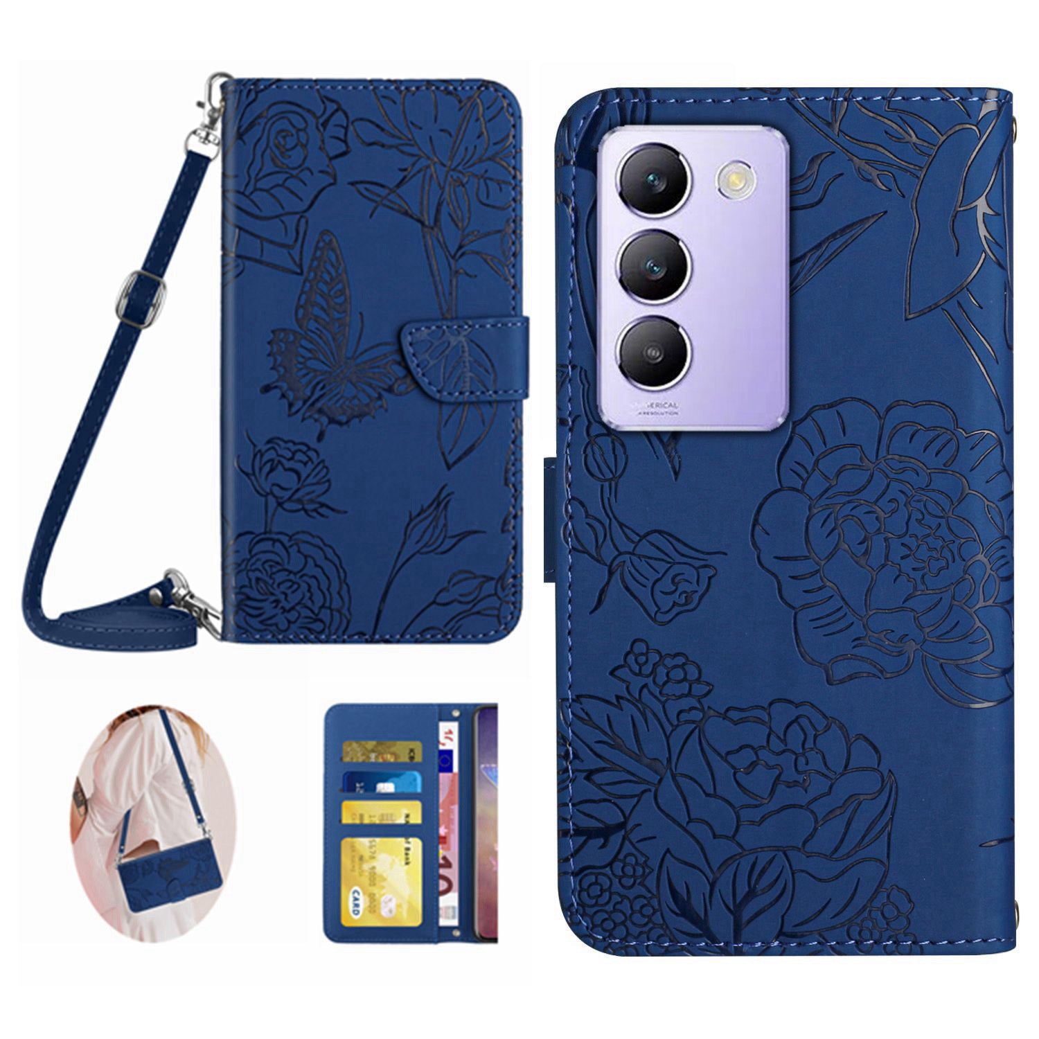 HT03 For vivo Y200e 5G / T3 5G (India) / Y100 5G (Indonesia) / V30 Lite 5G (India) Case Butterfly Leather Phone Cover with Strap