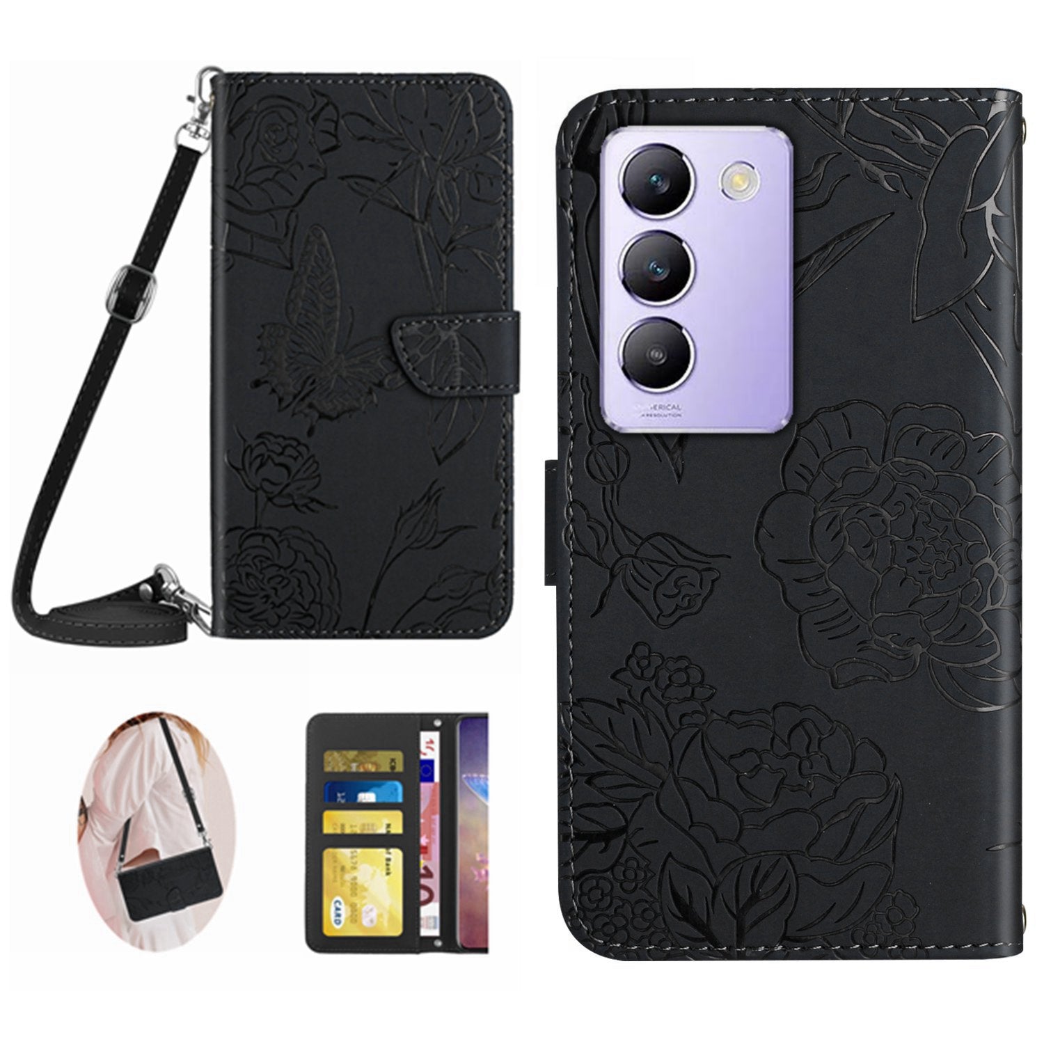 HT03 For vivo Y200e 5G / T3 5G (India) / Y100 5G (Indonesia) / V30 Lite 5G (India) Case Butterfly Leather Phone Cover with Strap