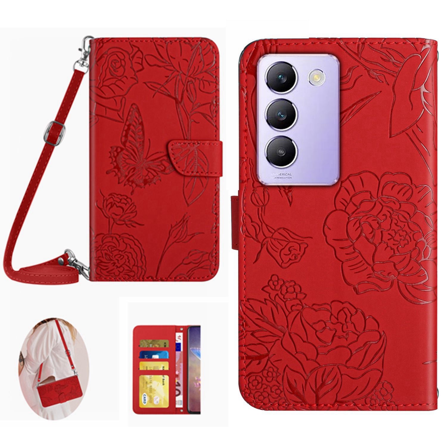 HT03 For vivo Y200e 5G / T3 5G (India) / Y100 5G (Indonesia) / V30 Lite 5G (India) Case Butterfly Leather Phone Cover with Strap