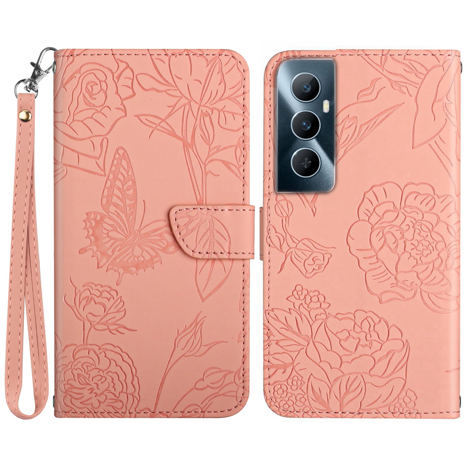 HT03 For Realme C65 4G PU Leather Phone Stand Case Imprinted Pattern Phone Wallet Cover with Hand Strap
