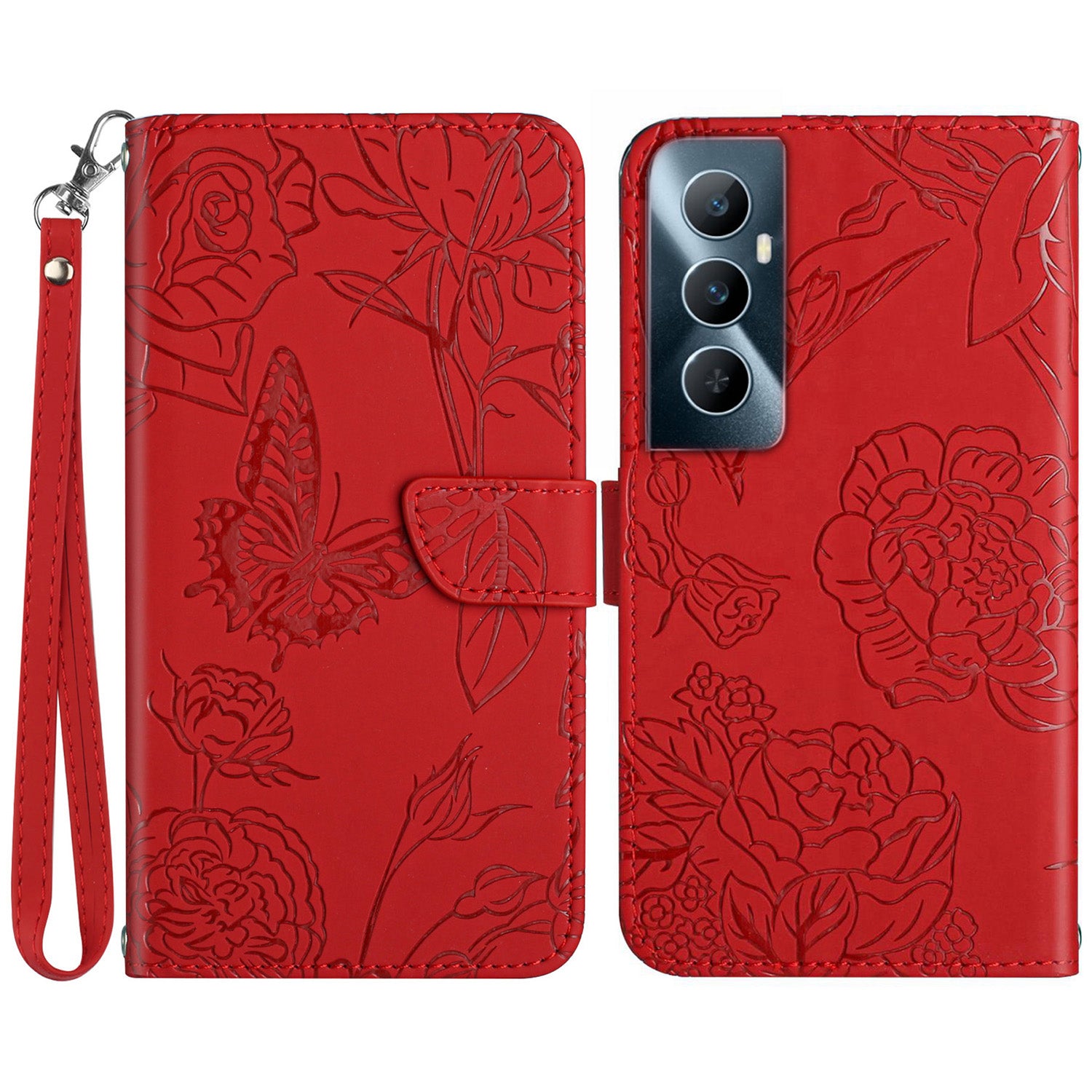 HT03 For Realme C65 4G PU Leather Phone Stand Case Imprinted Pattern Phone Wallet Cover with Hand Strap