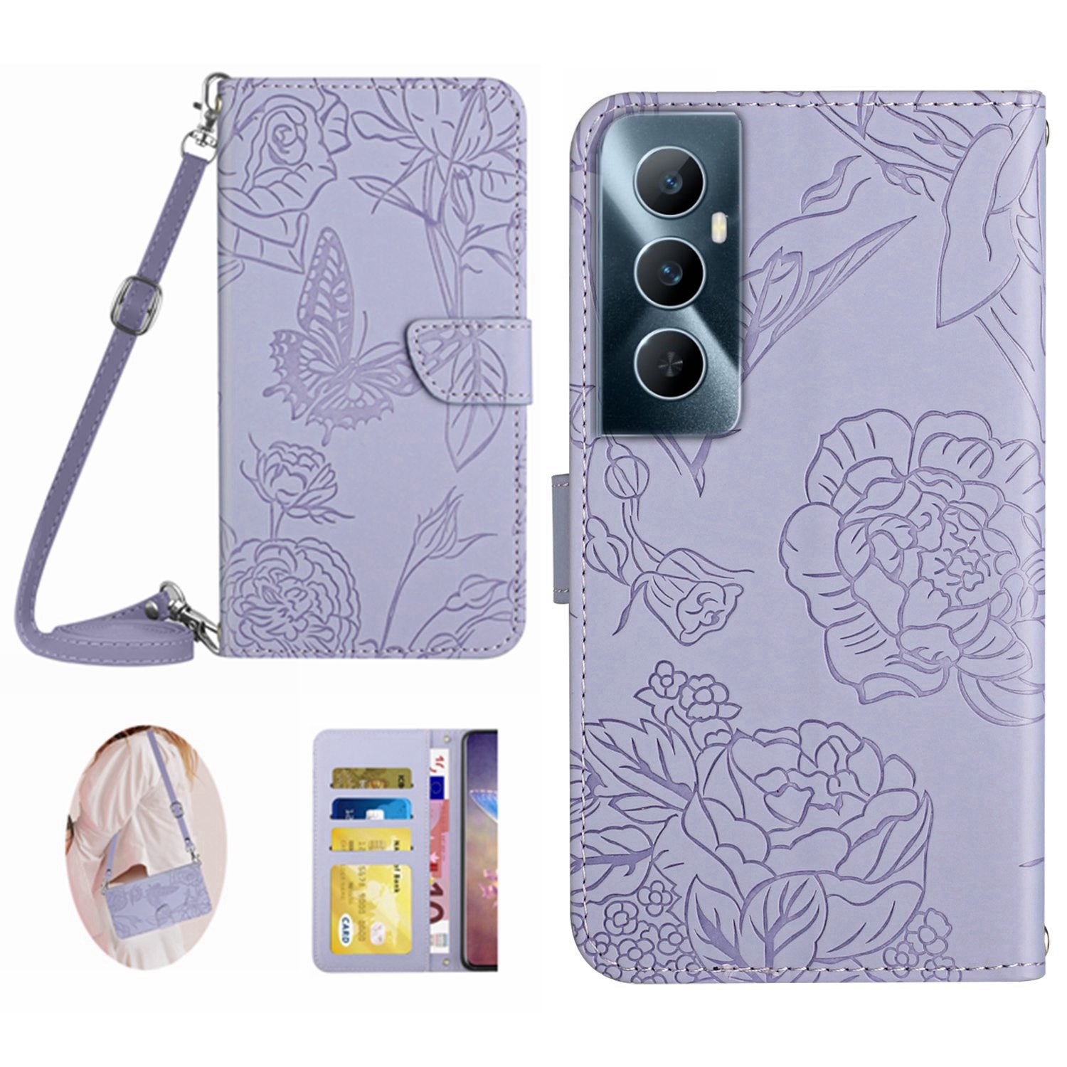 HT03 For Realme C65 4G Case Butterfly Pattern Skin-touch Feeling Leather Phone Cover with Shoulder Strap