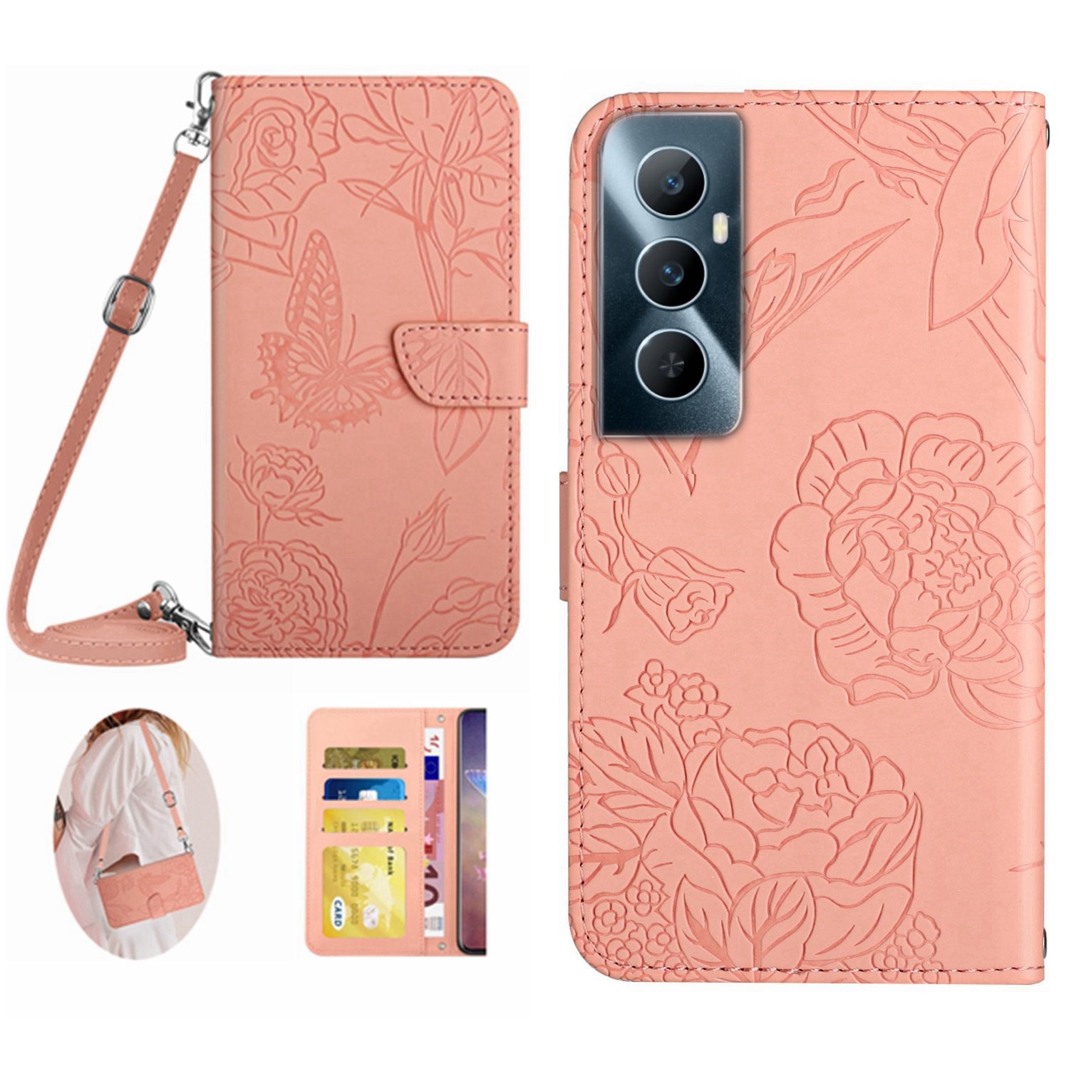HT03 For Realme C65 4G Case Butterfly Pattern Skin-touch Feeling Leather Phone Cover with Shoulder Strap