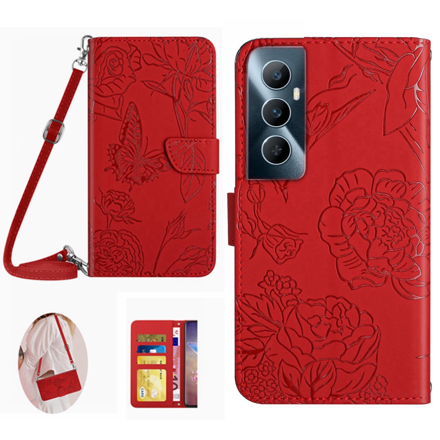 HT03 For Realme C65 4G Case Butterfly Pattern Skin-touch Feeling Leather Phone Cover with Shoulder Strap