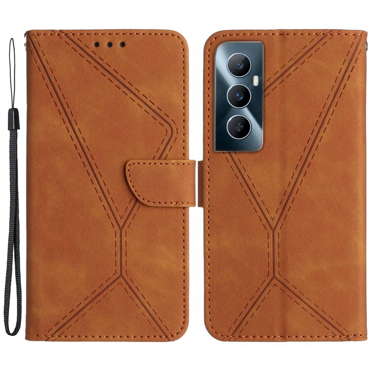 HT05 For Realme C65 4G Case Lines Imprinted PU Leather Anti-fall Phone Cover