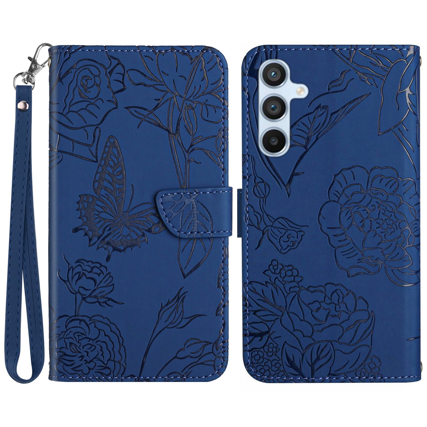HT03 For Samsung Galaxy M55 5G Case Butterfly Flower Leather Wallet Phone Cover with Wrist Strap