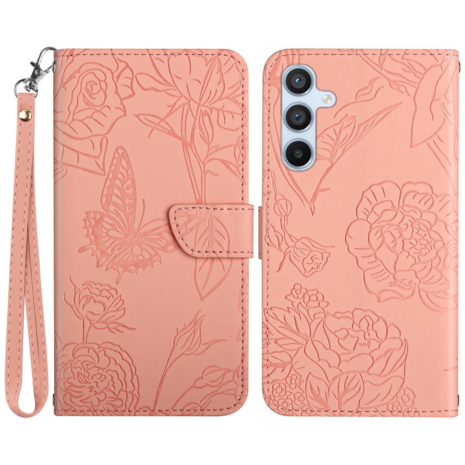 HT03 For Samsung Galaxy M55 5G Case Butterfly Flower Leather Wallet Phone Cover with Wrist Strap