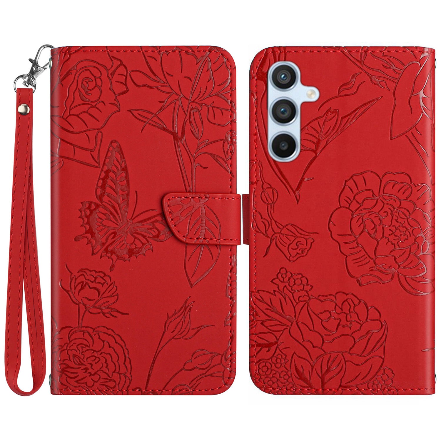 HT03 For Samsung Galaxy M55 5G Case Butterfly Flower Leather Wallet Phone Cover with Wrist Strap