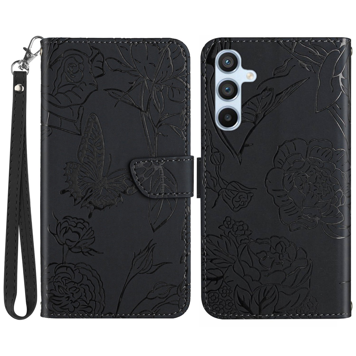 HT03 For Samsung Galaxy M55 5G Case Butterfly Flower Leather Wallet Phone Cover with Wrist Strap