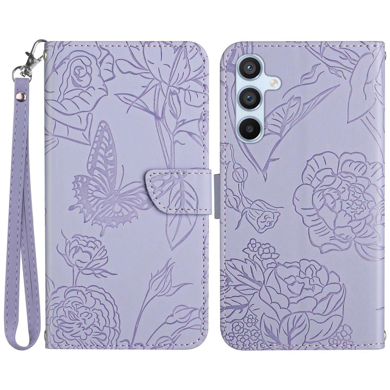 HT03 For Samsung Galaxy M55 5G Case Butterfly Flower Leather Wallet Phone Cover with Wrist Strap