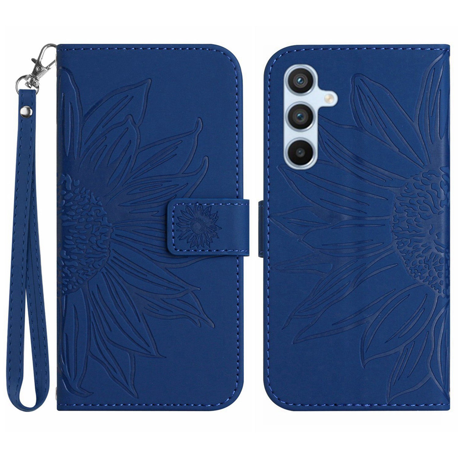 HT04 For Samsung Galaxy M55 5G Leather Case Sunflower Pattern Phone Cover with Wrist Strap