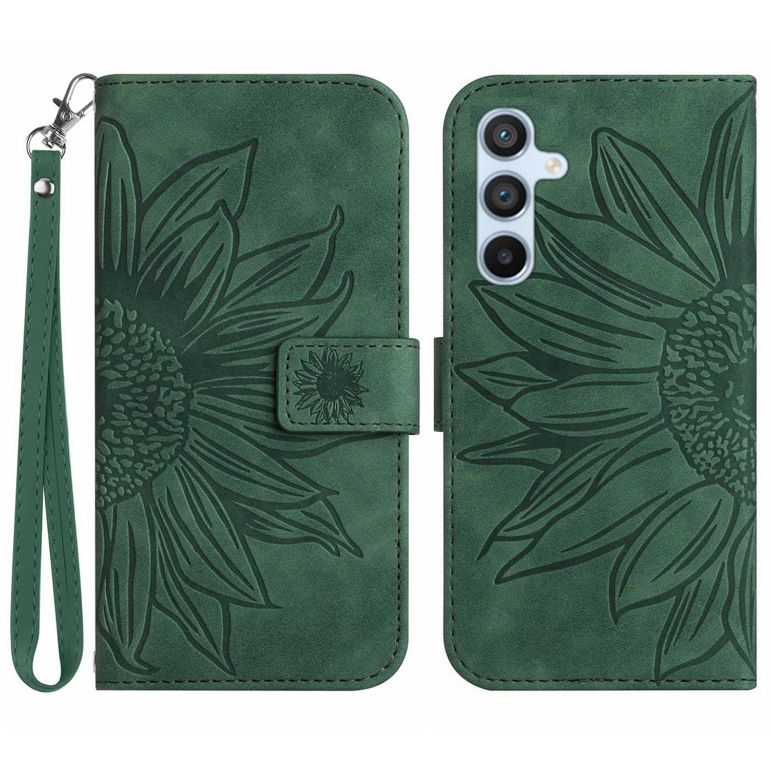 HT04 For Samsung Galaxy M55 5G Leather Case Sunflower Pattern Phone Cover with Wrist Strap