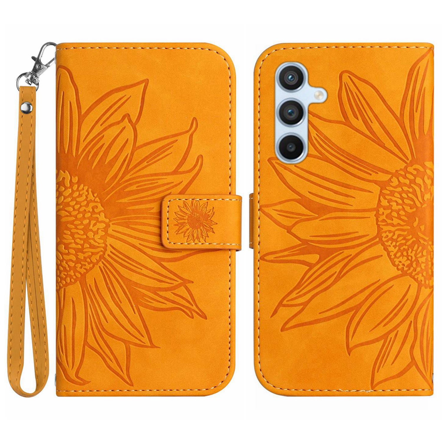 HT04 For Samsung Galaxy M55 5G Leather Case Sunflower Pattern Phone Cover with Wrist Strap