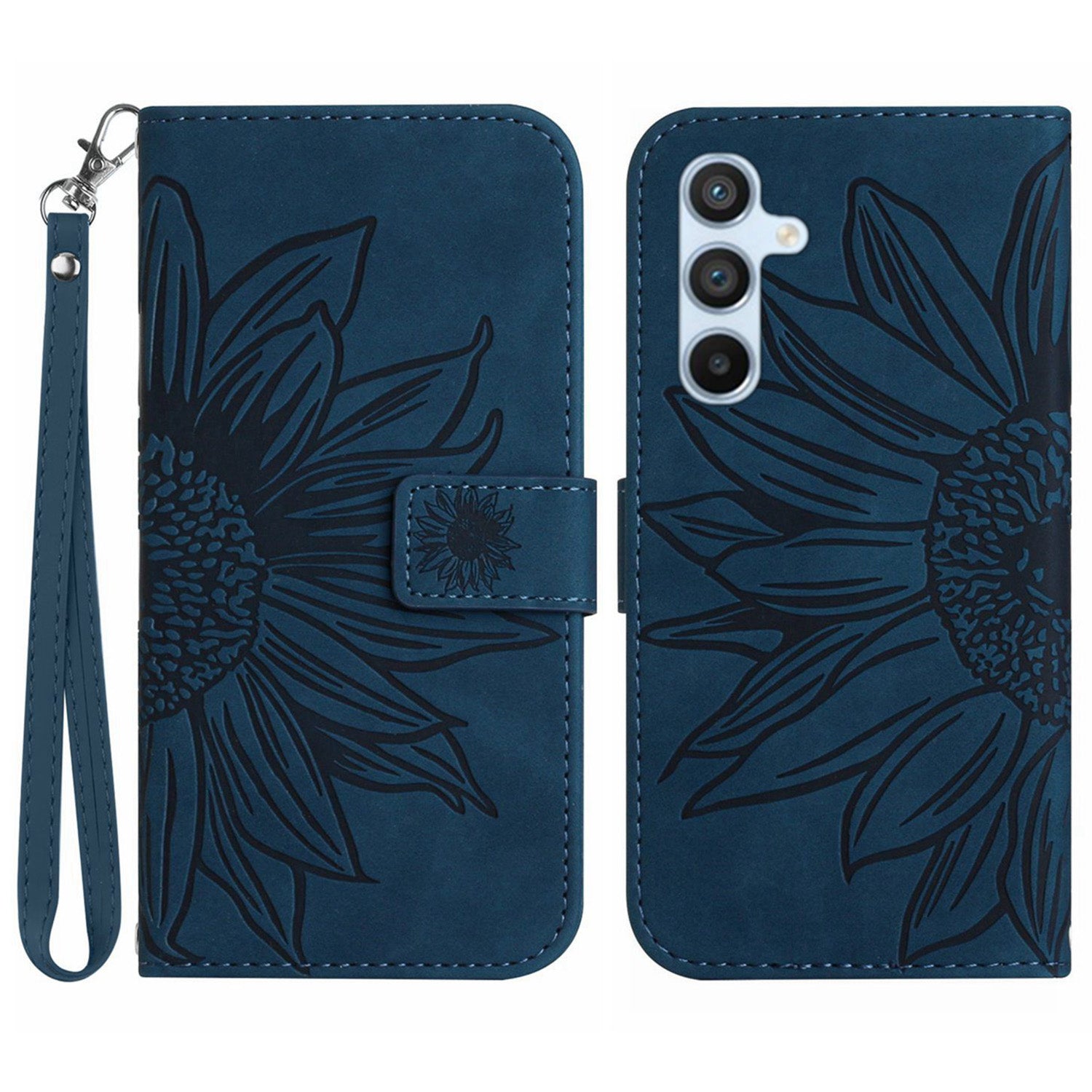 HT04 For Samsung Galaxy M55 5G Leather Case Sunflower Pattern Phone Cover with Wrist Strap