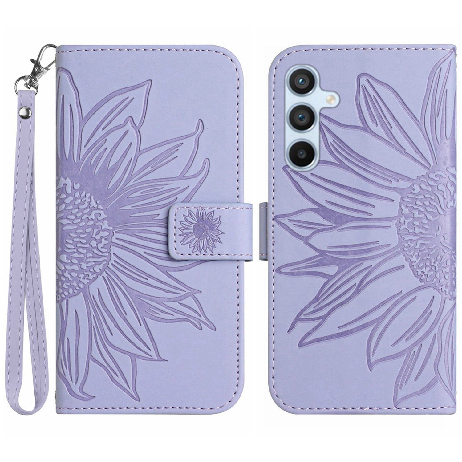 HT04 For Samsung Galaxy M55 5G Leather Case Sunflower Pattern Phone Cover with Wrist Strap