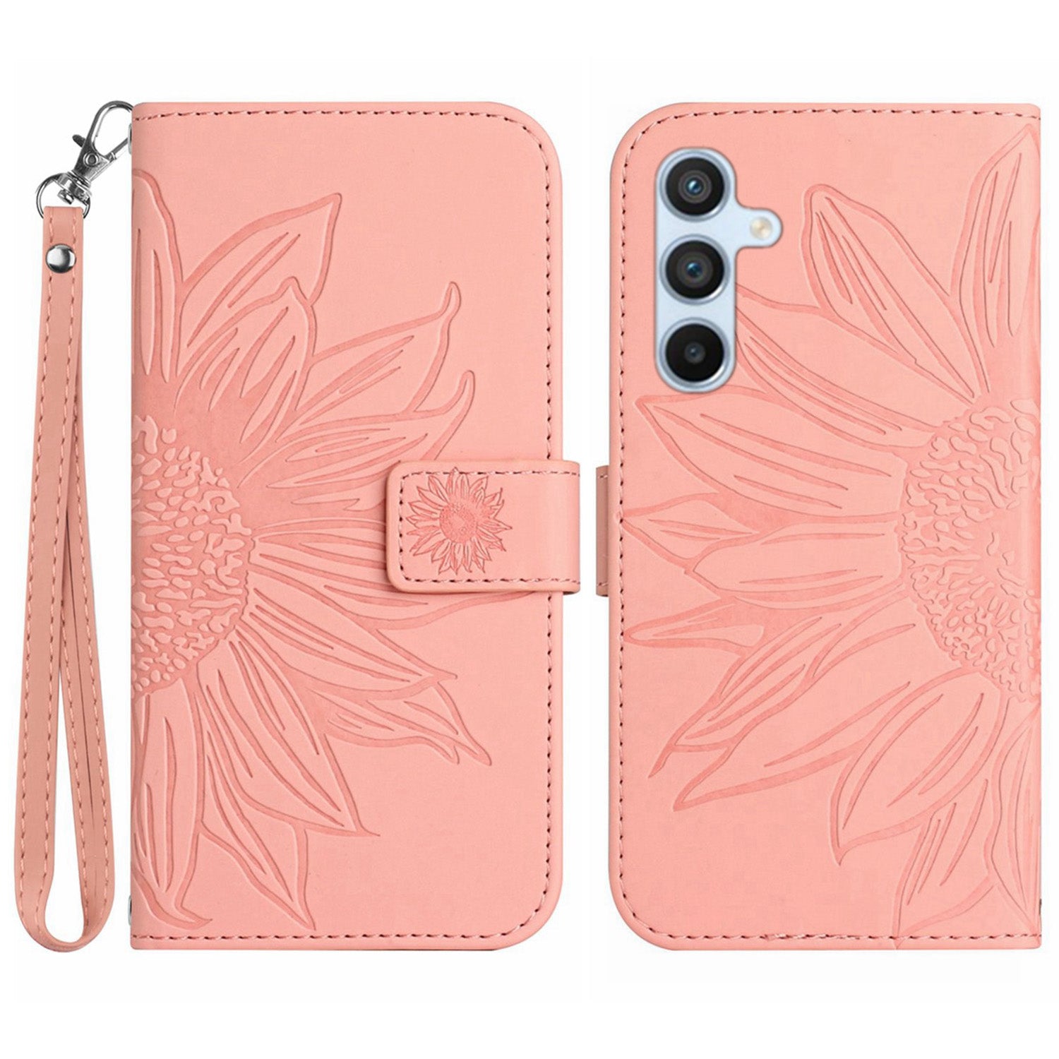 HT04 For Samsung Galaxy M55 5G Leather Case Sunflower Pattern Phone Cover with Wrist Strap