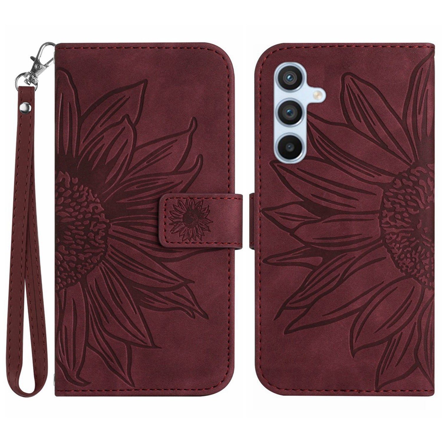 HT04 For Samsung Galaxy M55 5G Leather Case Sunflower Pattern Phone Cover with Wrist Strap