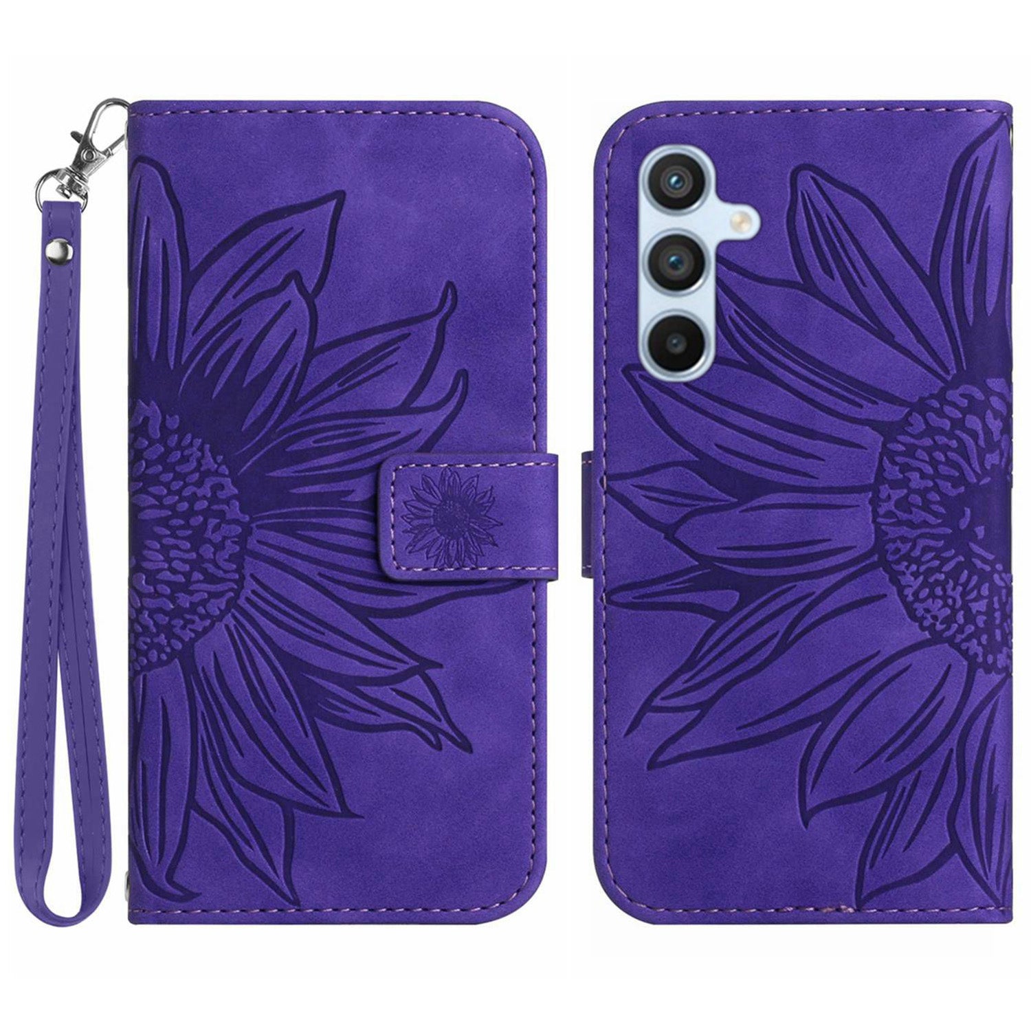 HT04 For Samsung Galaxy M55 5G Leather Case Sunflower Pattern Phone Cover with Wrist Strap