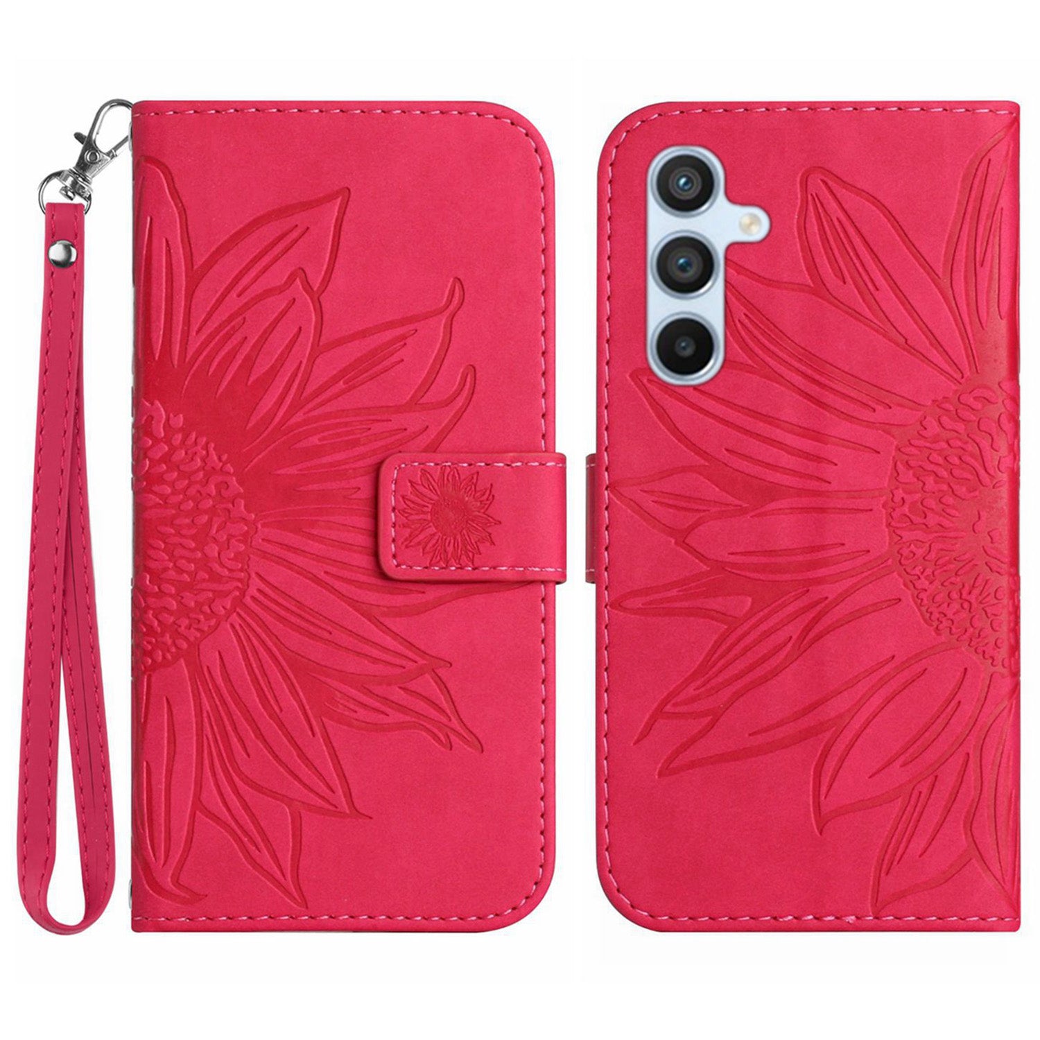 HT04 For Samsung Galaxy M55 5G Leather Case Sunflower Pattern Phone Cover with Wrist Strap