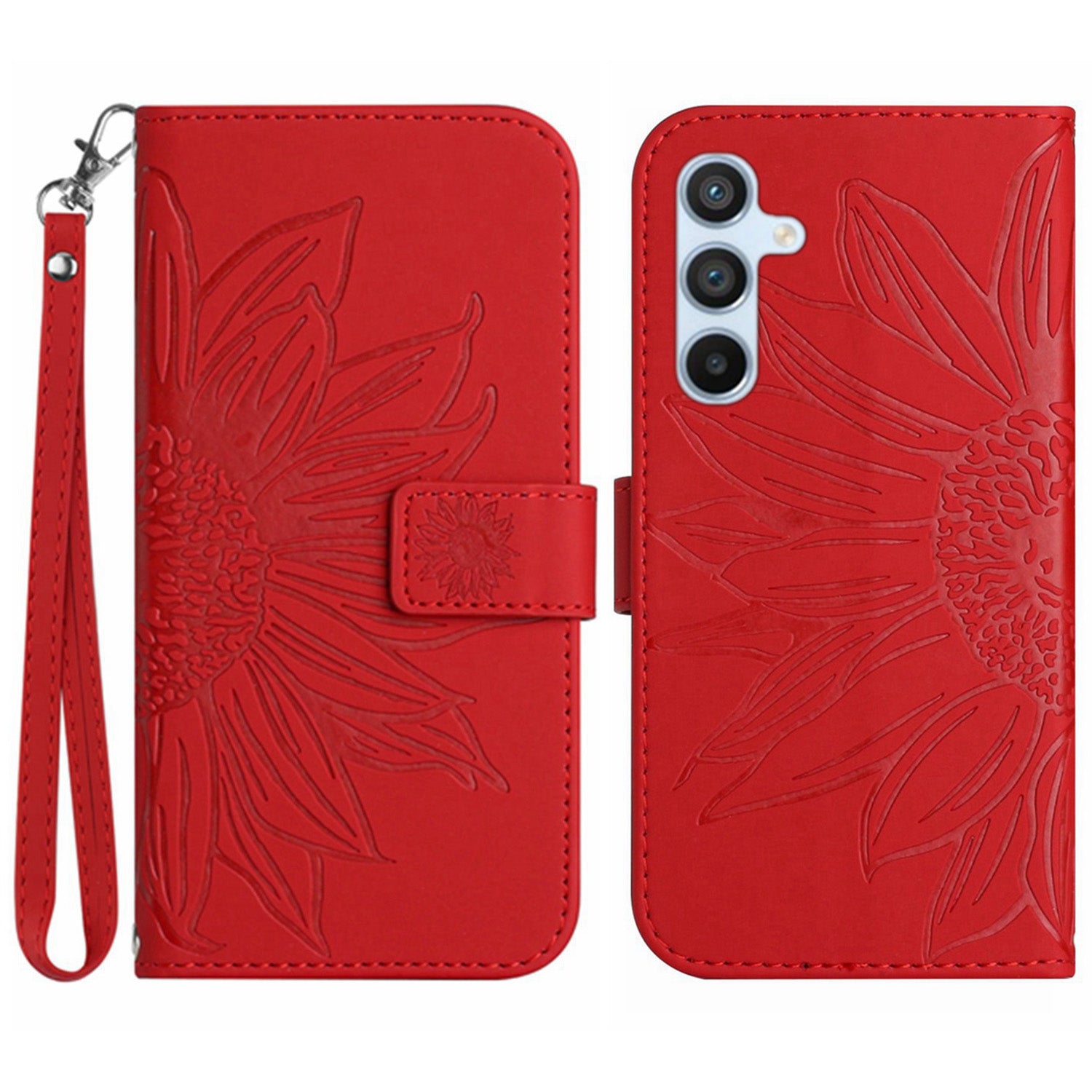HT04 For Samsung Galaxy M55 5G Leather Case Sunflower Pattern Phone Cover with Wrist Strap