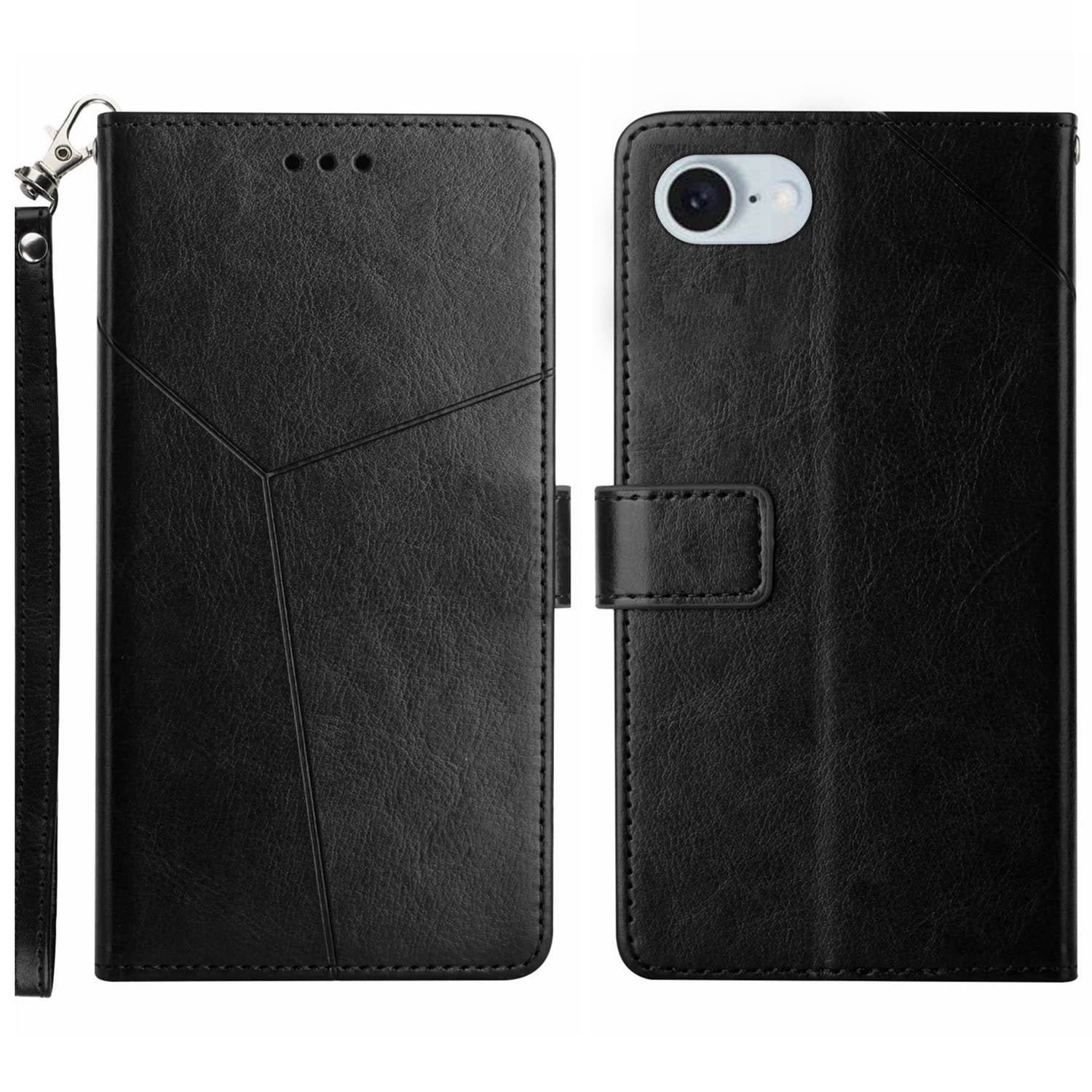 HT01 For iPhone SE (2024) Wallet Case Leather Flip Phone Cover Imprinted Y-shaped Lines