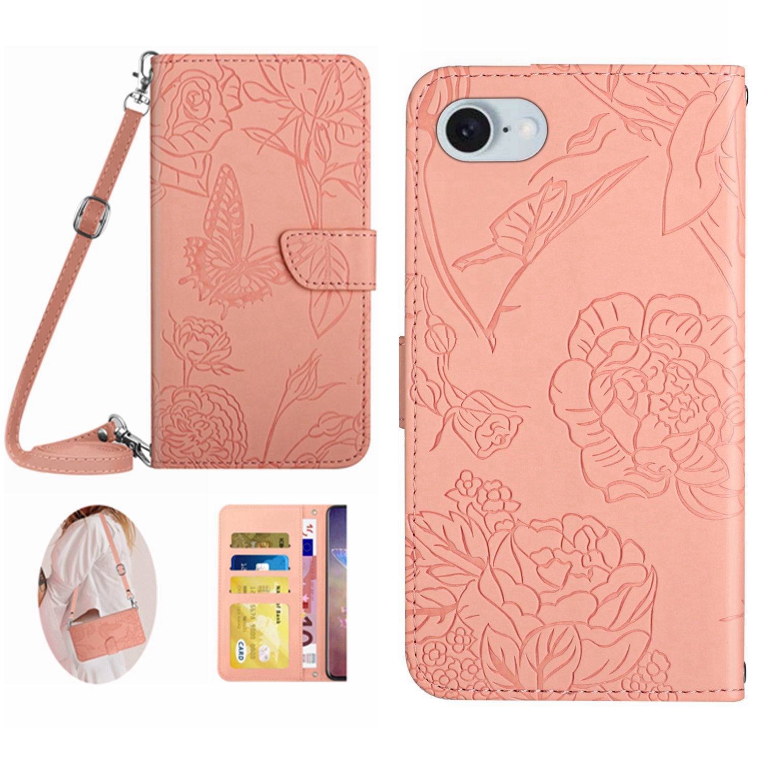 HT03 For iPhone SE (2024) Leather Case with Shoulder Strap Butterfly Wallet Phone Cover