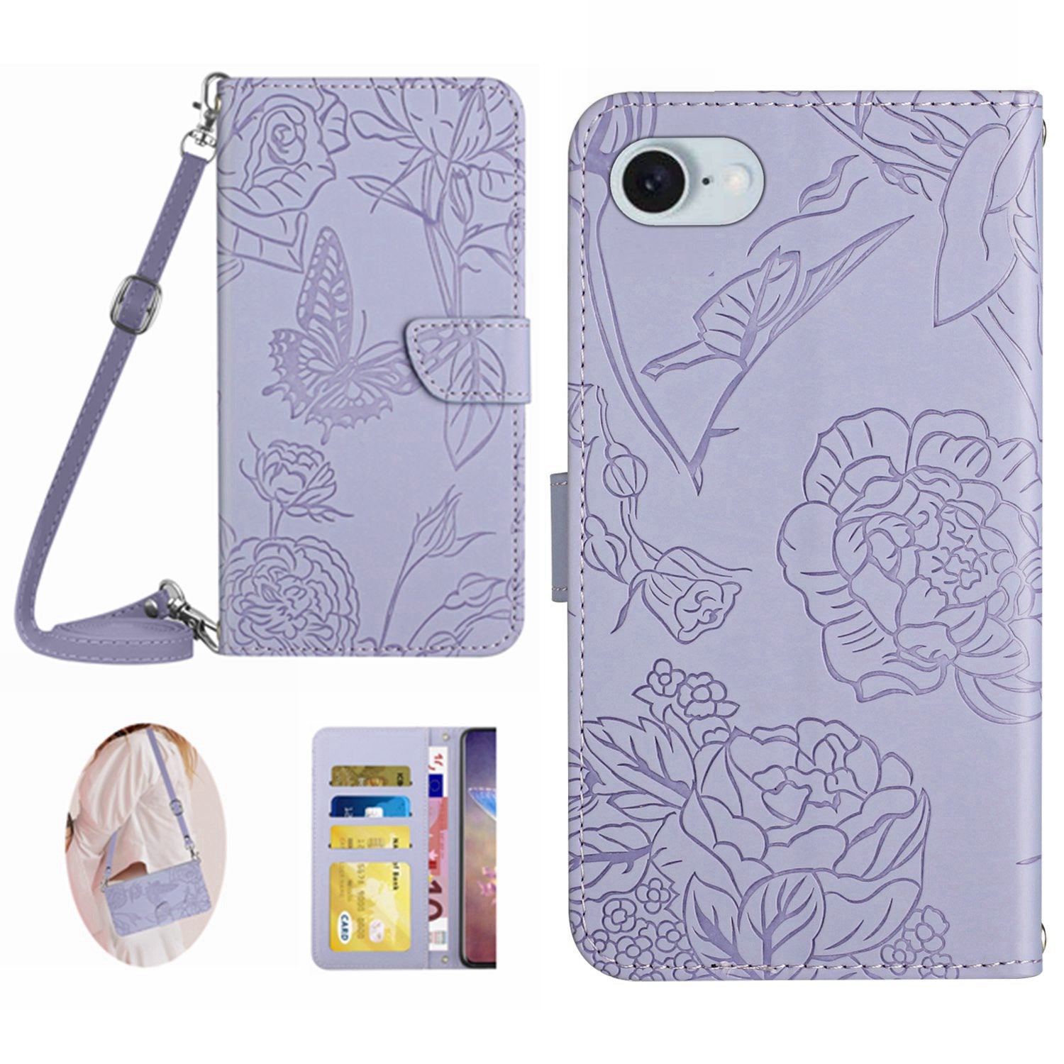 HT03 For iPhone SE (2024) Leather Case with Shoulder Strap Butterfly Wallet Phone Cover