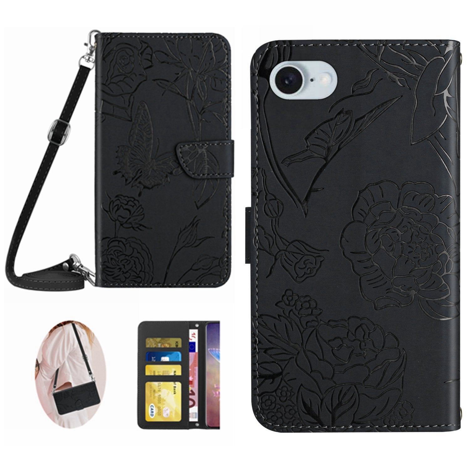 HT03 For iPhone SE (2024) Leather Case with Shoulder Strap Butterfly Wallet Phone Cover