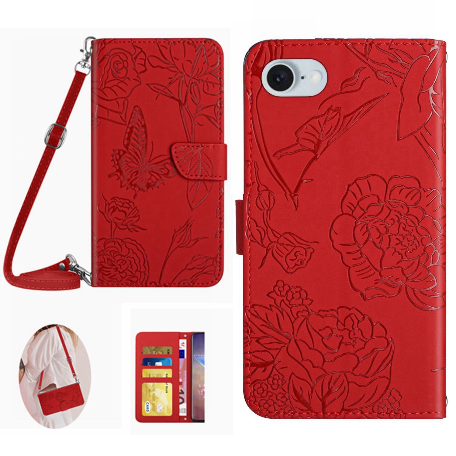 HT03 For iPhone SE (2024) Leather Case with Shoulder Strap Butterfly Wallet Phone Cover