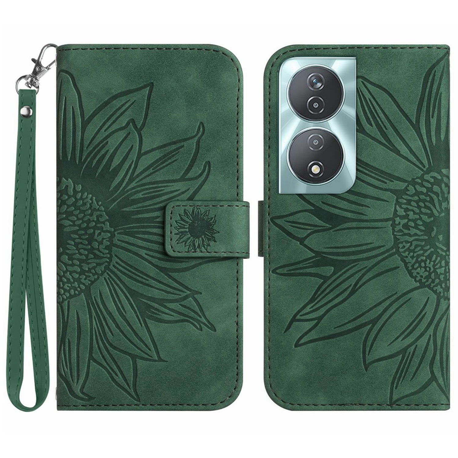 HT04 For Honor 90 Smart / X7b 4G Leather Wallet Case Sunflower Phone Cover with Wrist Strap