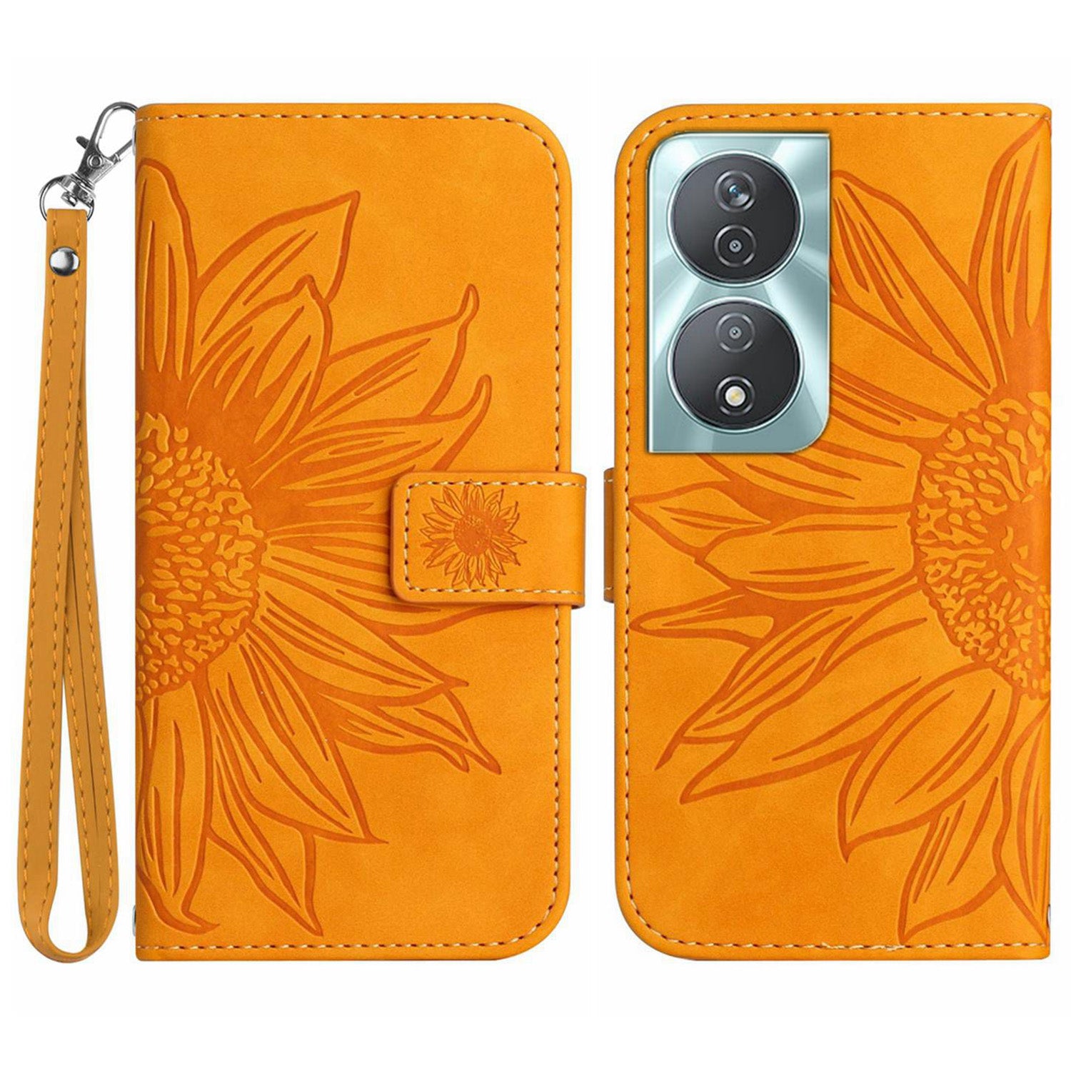 HT04 For Honor 90 Smart / X7b 4G Leather Wallet Case Sunflower Phone Cover with Wrist Strap