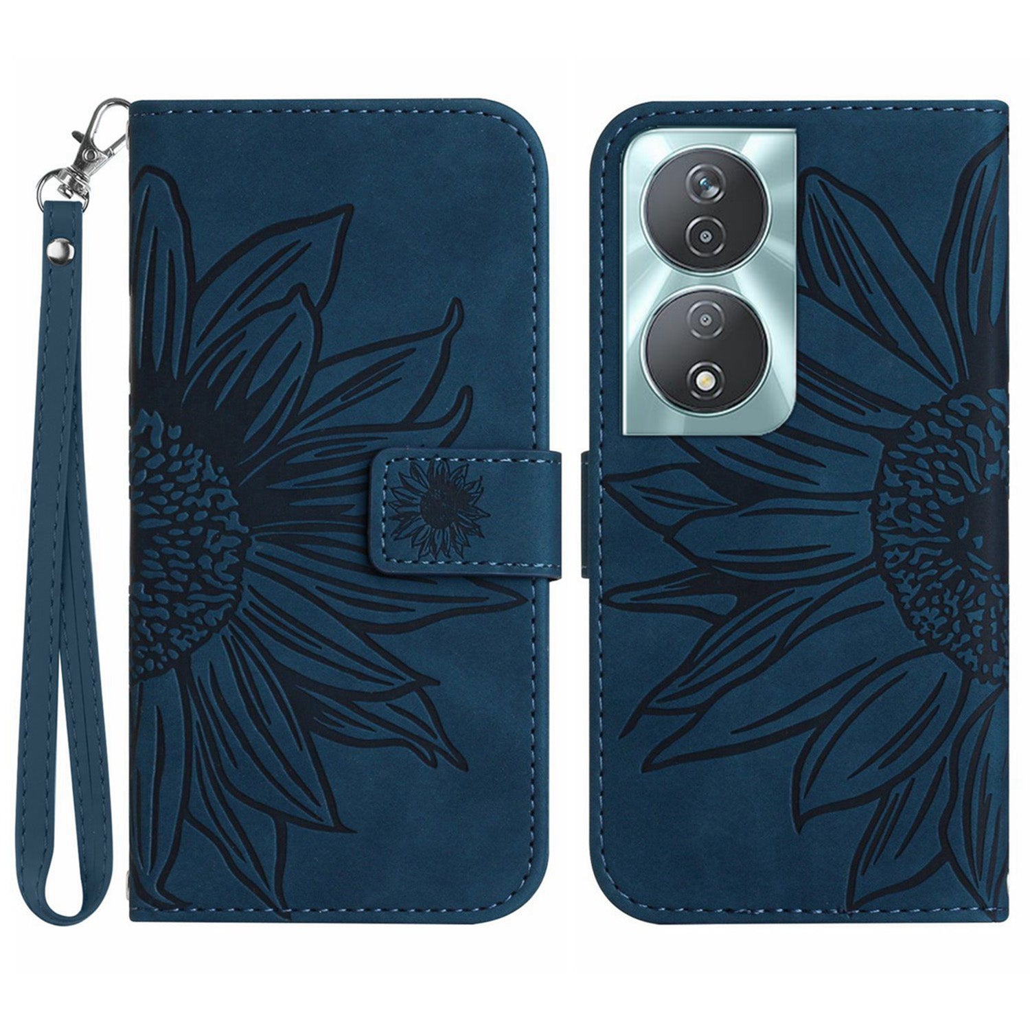 HT04 For Honor 90 Smart / X7b 4G Leather Wallet Case Sunflower Phone Cover with Wrist Strap