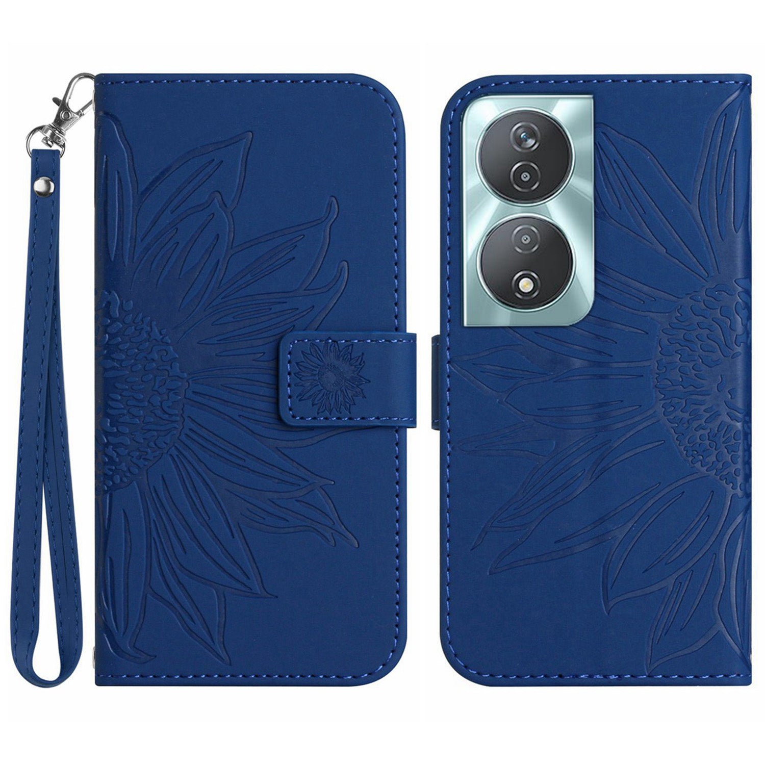 HT04 For Honor 90 Smart / X7b 4G Leather Wallet Case Sunflower Phone Cover with Wrist Strap