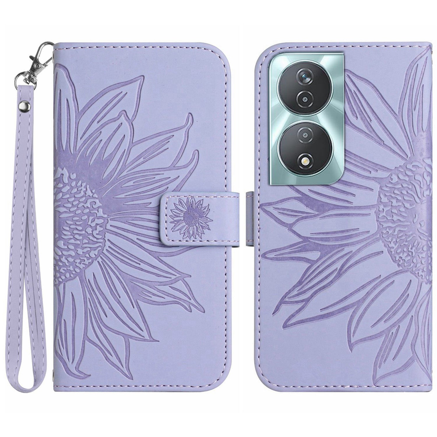 HT04 For Honor 90 Smart / X7b 4G Leather Wallet Case Sunflower Phone Cover with Wrist Strap