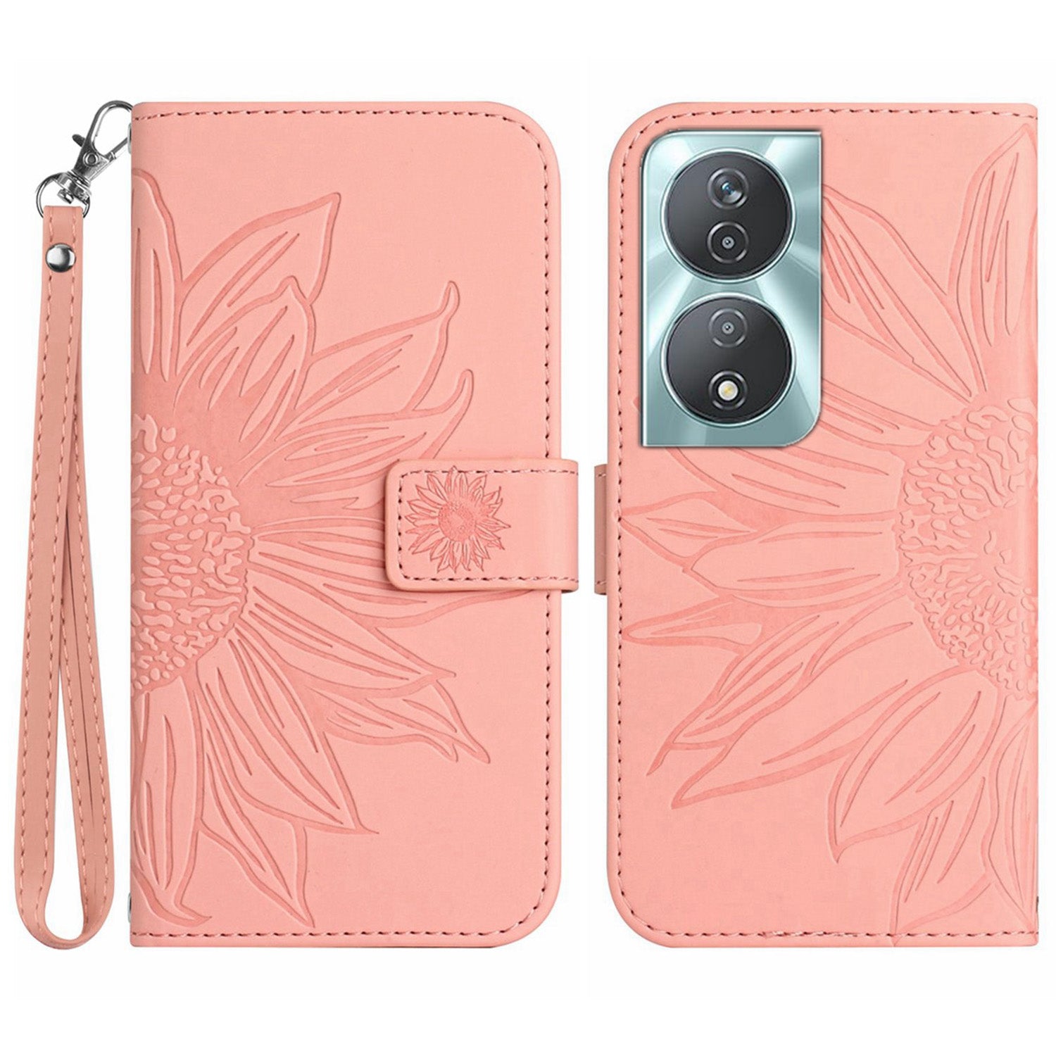 HT04 For Honor 90 Smart / X7b 4G Leather Wallet Case Sunflower Phone Cover with Wrist Strap