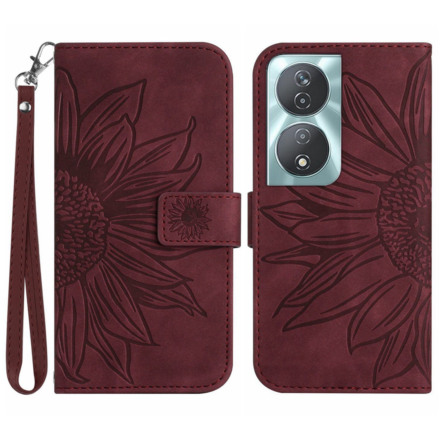 HT04 For Honor 90 Smart / X7b 4G Leather Wallet Case Sunflower Phone Cover with Wrist Strap