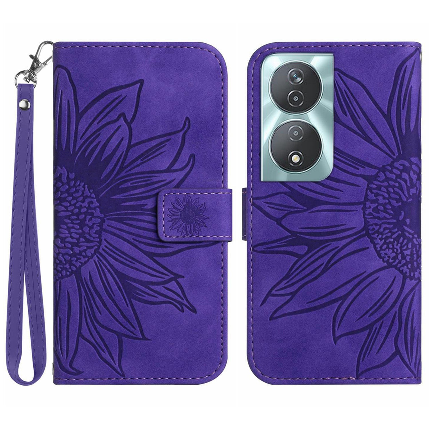 HT04 For Honor 90 Smart / X7b 4G Leather Wallet Case Sunflower Phone Cover with Wrist Strap