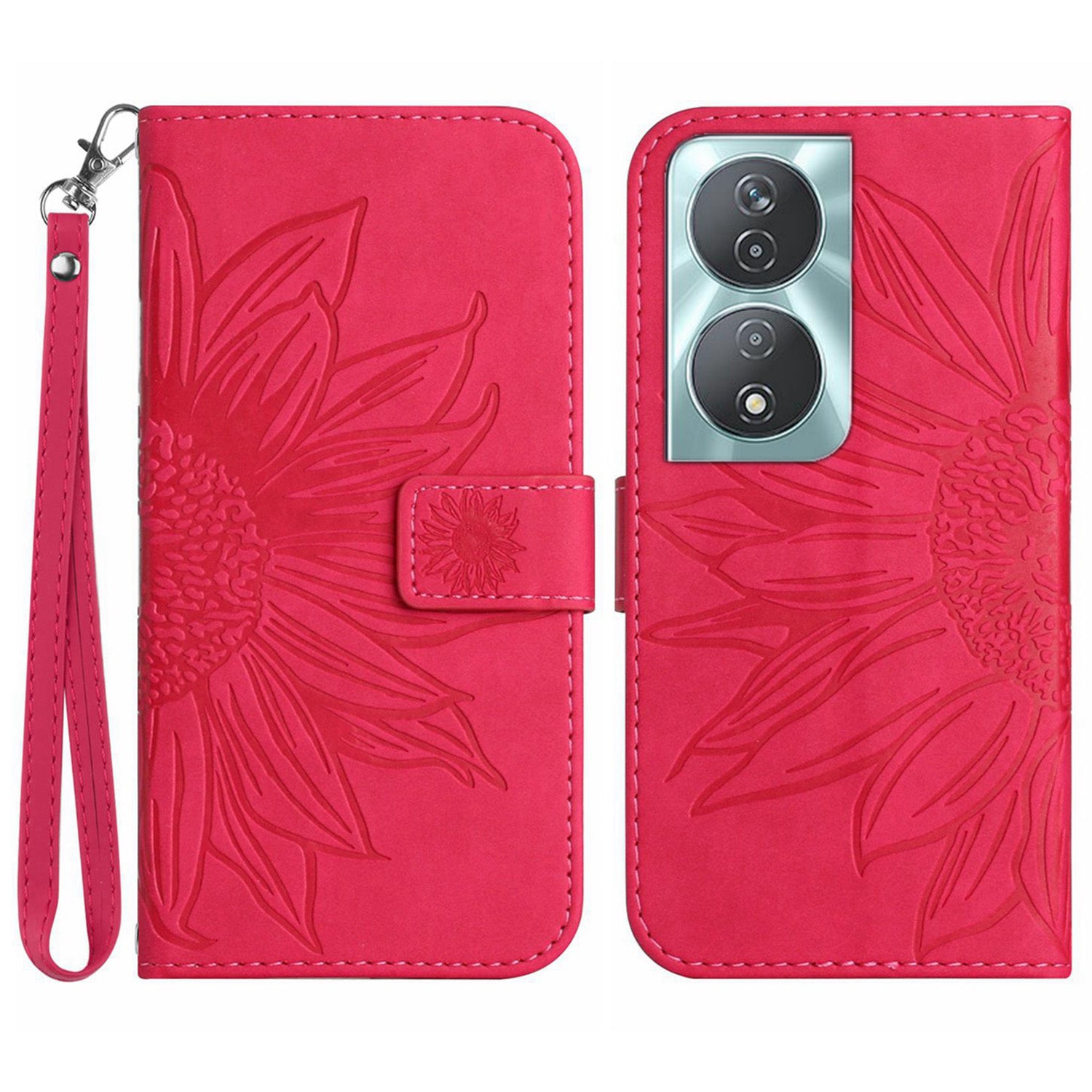 HT04 For Honor 90 Smart / X7b 4G Leather Wallet Case Sunflower Phone Cover with Wrist Strap