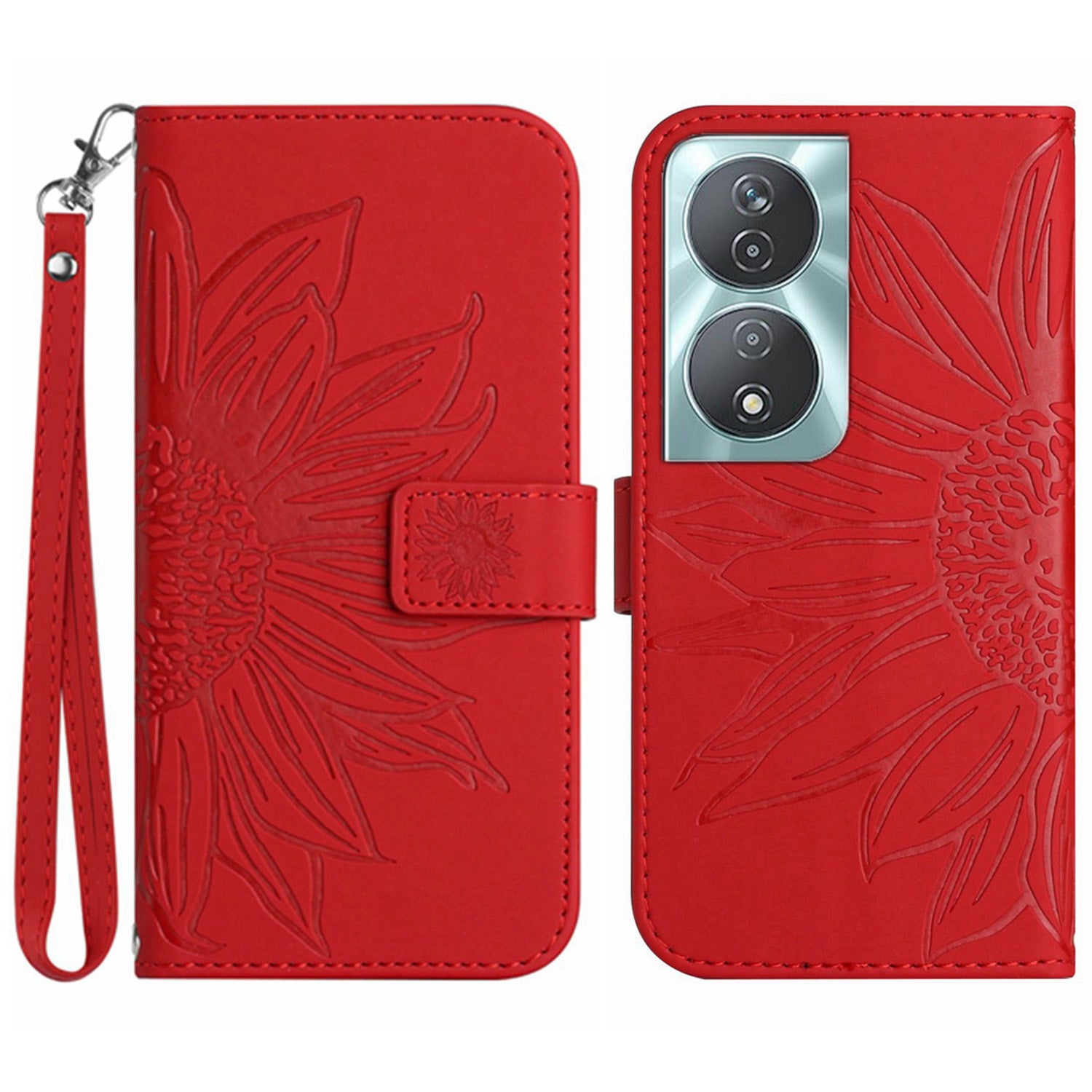 HT04 For Honor 90 Smart / X7b 4G Leather Wallet Case Sunflower Phone Cover with Wrist Strap