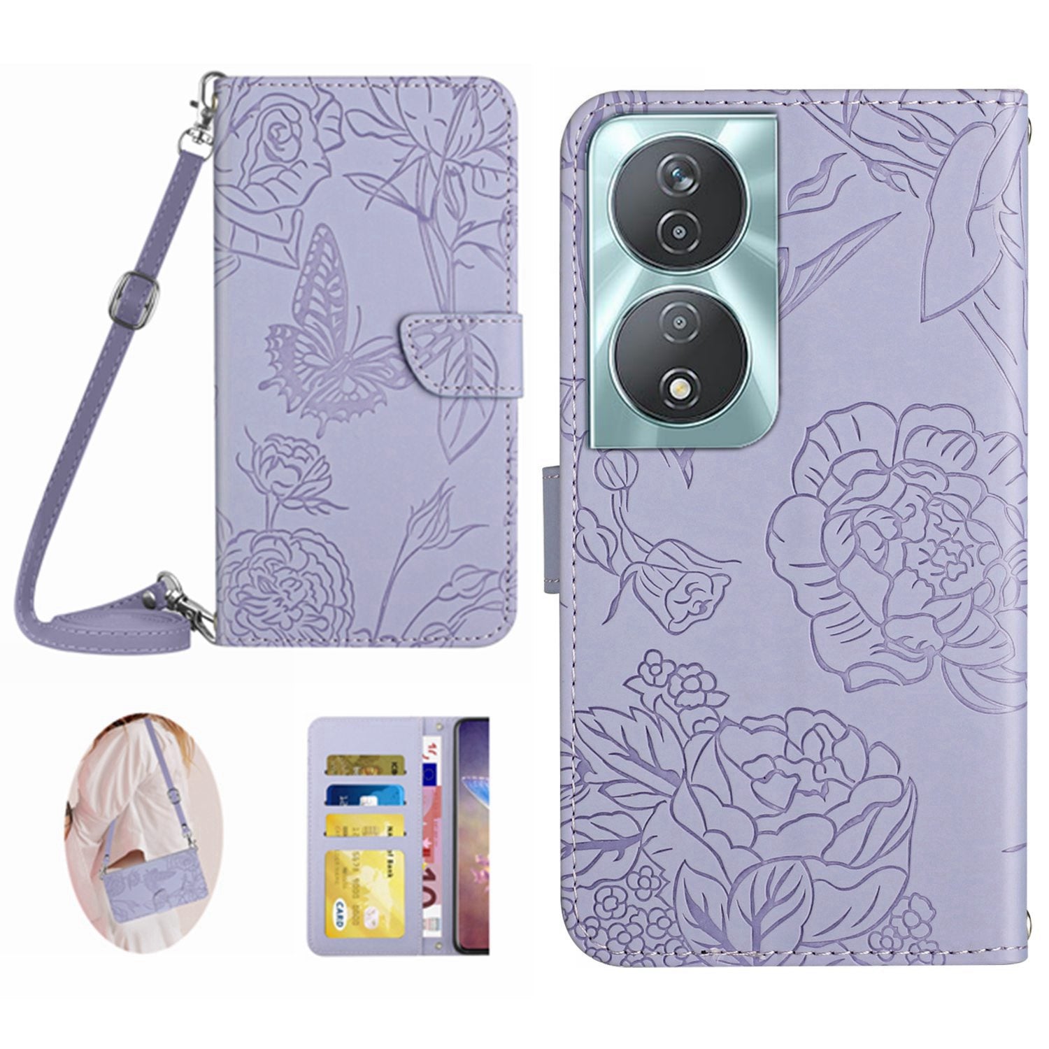 HT03 For Honor 90 Smart / X7b 4G Crossbody Leather Phone Case Butterfly Wallet Cover