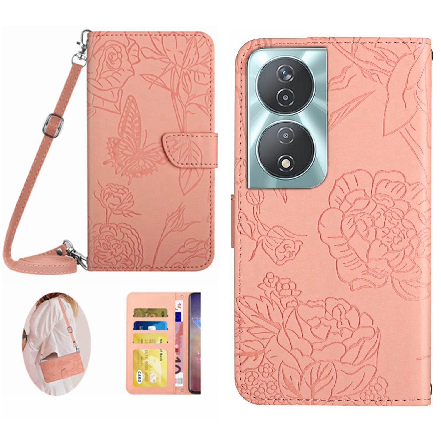 HT03 For Honor 90 Smart / X7b 4G Crossbody Leather Phone Case Butterfly Wallet Cover