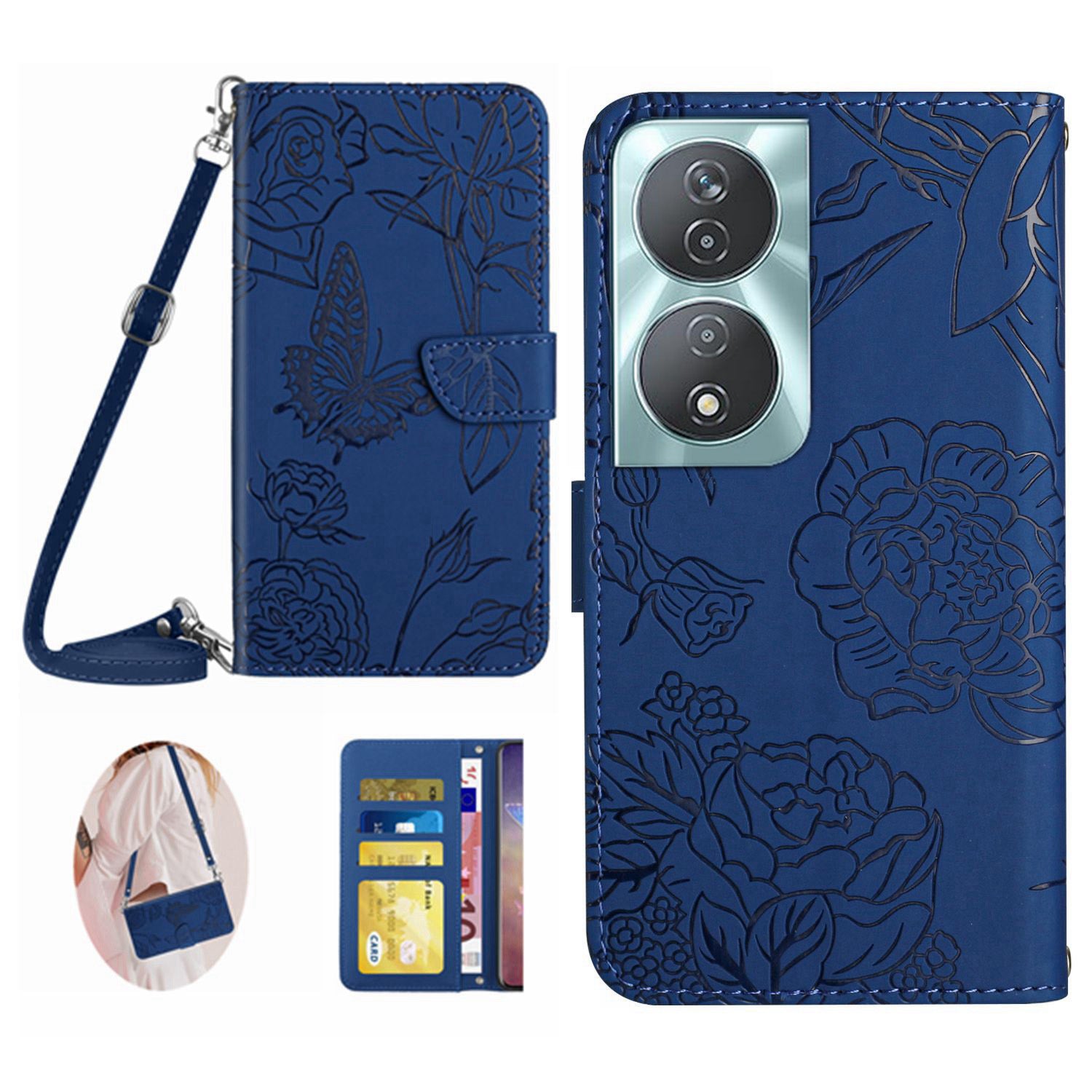 HT03 For Honor 90 Smart / X7b 4G Crossbody Leather Phone Case Butterfly Wallet Cover