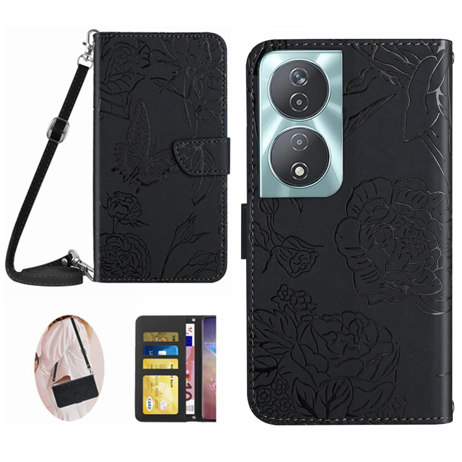 HT03 For Honor 90 Smart / X7b 4G Crossbody Leather Phone Case Butterfly Wallet Cover