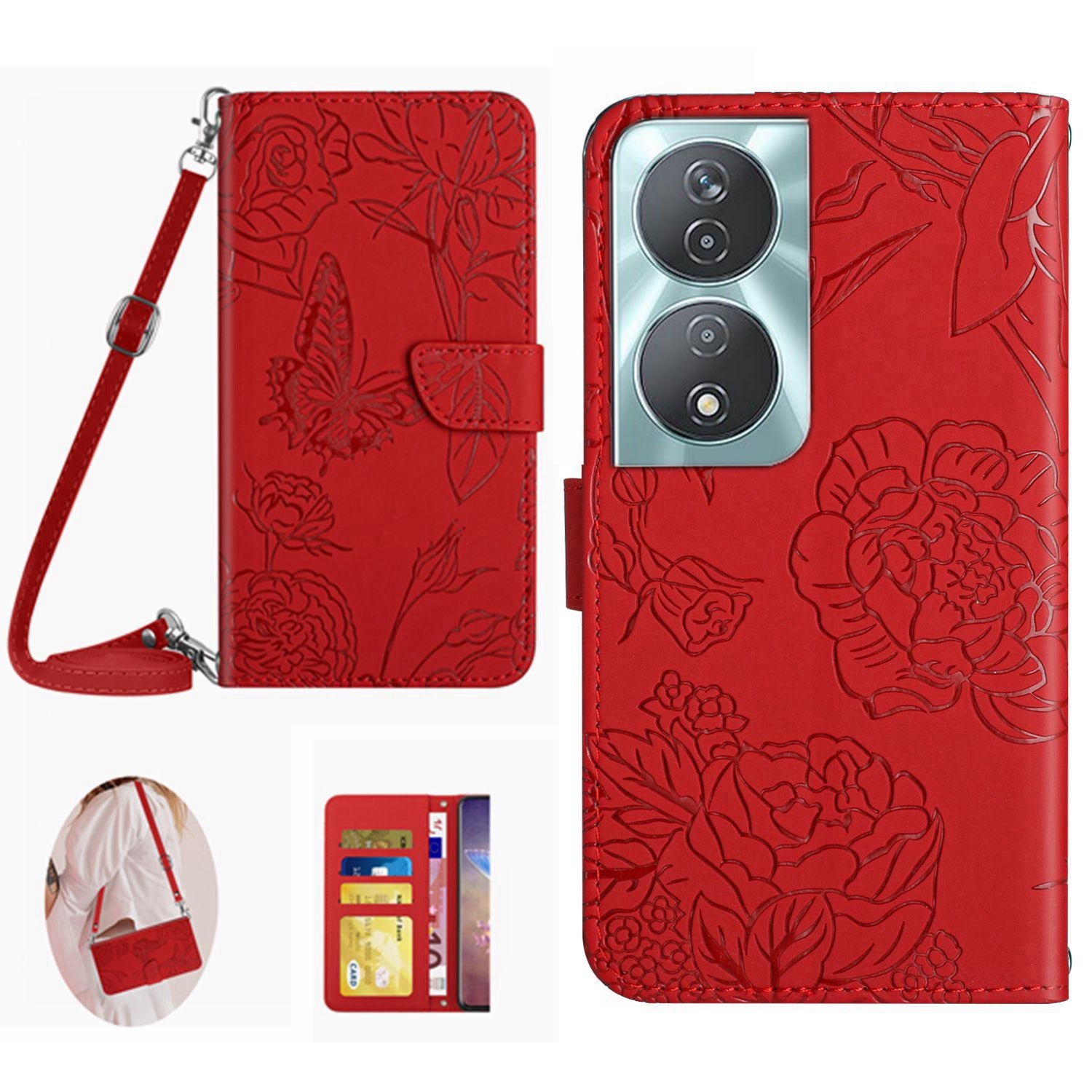 HT03 For Honor 90 Smart / X7b 4G Crossbody Leather Phone Case Butterfly Wallet Cover