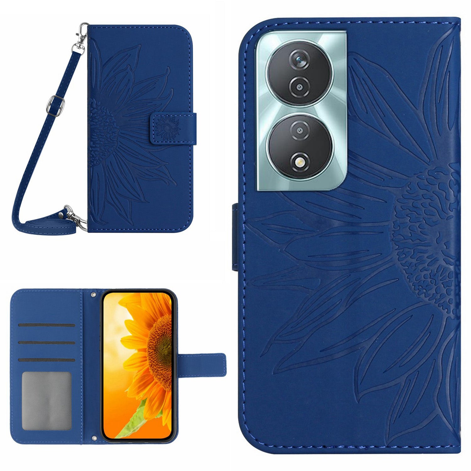 HT04 For Honor 90 Smart / X7b 4G Case Sunflower Leather Phone Cover with Shoulder Strap